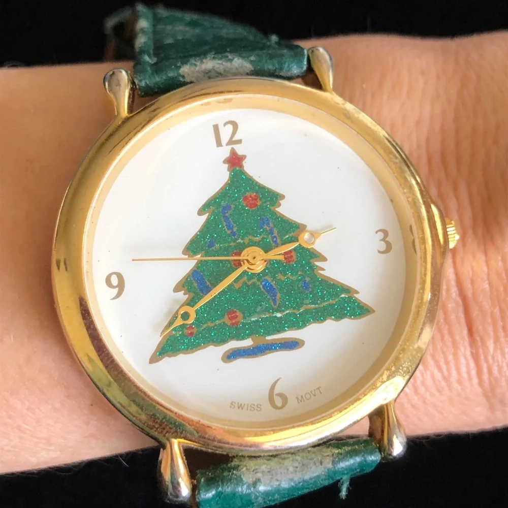 Vintage Gold Christmas Tree Watch with Green Strap